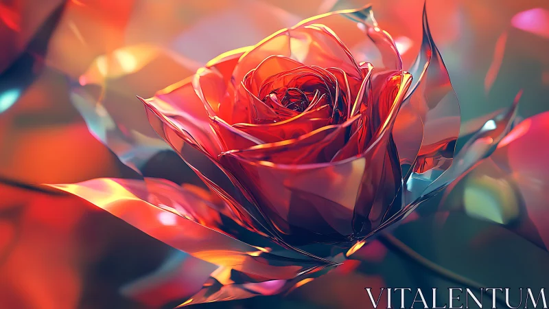 Crystal red rose with reflective petals on soft bokeh.