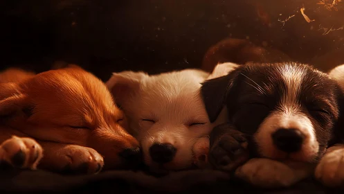 Warm twilight portrait of three sleeping puppies together.
