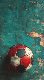 Worn soccer ball against textured teal painted wall.