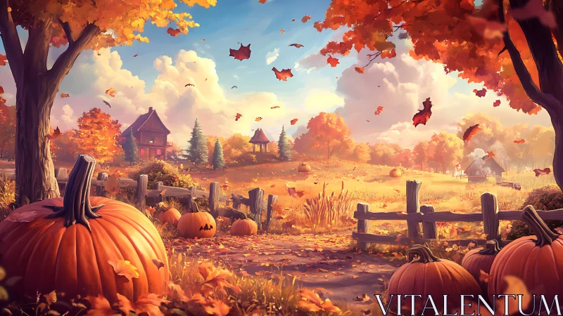 Autumn agrarian landscape with pumpkins under dynamic skylight.