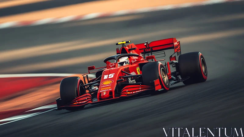 Red Formula 1 car takes fast corner on blurred racetrack