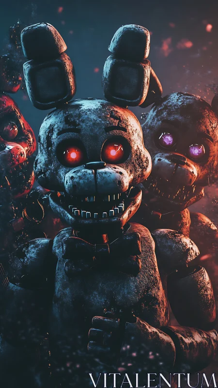 Corroded animatronic rabbits advance under infernal rim lighting