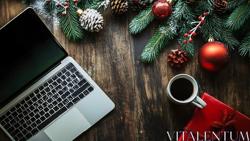 Laptop workspace under festive Christmas pine decor.