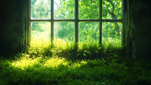 Sunlit overgrown window with lush indoor grass floor.