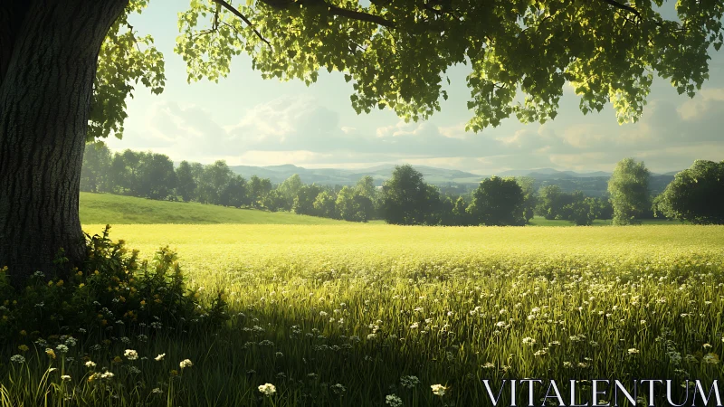 Golden meadow rests beneath a generous shade tree at noon