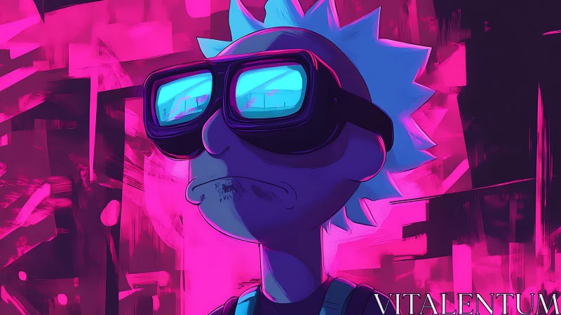 Neon-lit cartoon figure with VR goggles in magenta glow.