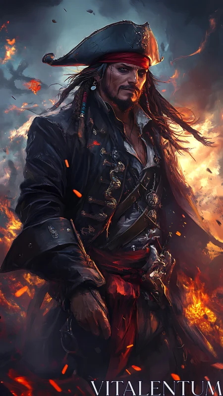 Battle-scarred pirate captain amid dynamic firelit seascape