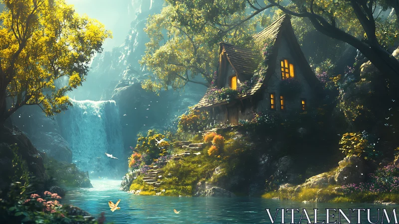 Waterfall-warmed cottage glows in a moss-bright forest hush.