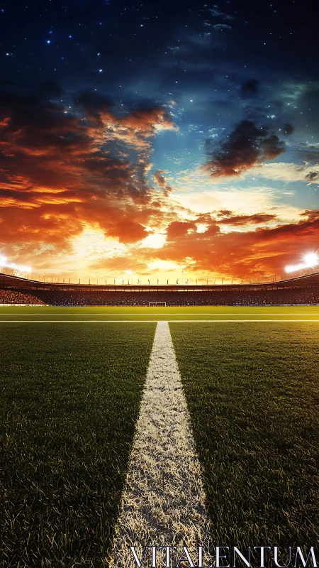 Sunset stadium field waits calmly for the next big match