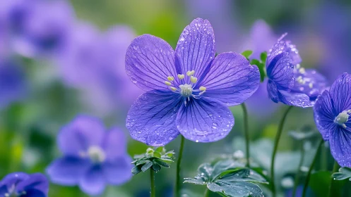 Purple Linum Flowers with Dew Drops in Soft Garden Light.
