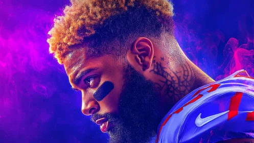 Side-profile gridiron portrait uses neon rim lighting on athlete