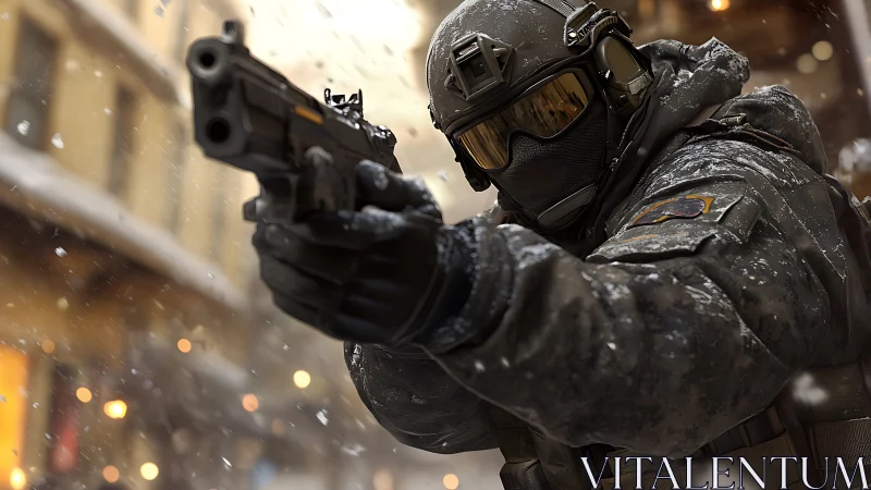 Tactical operator aiming sidearm in snow-laden urban alleyway.