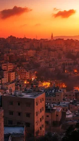 Dense hillside cityscape under high-contrast orange sunset gradient