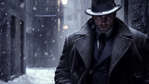Brooding detective walks a snowbound noir alley at night