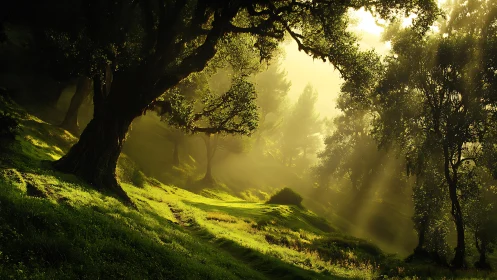 Sunlit Forest Sanctuary Where Warmth Embraces Ancient Trees.