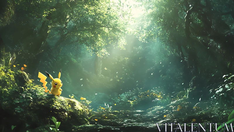 Pikachu quietly explores a sunlit, misty forest sanctuary.