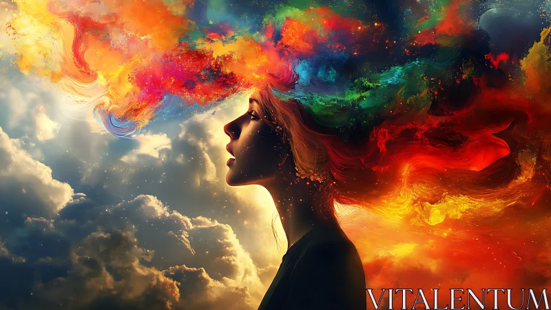 Profile portrait merges with turbulent multicolor nebular cloud field