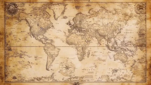 Vintage world map illustration with ornate compass details.