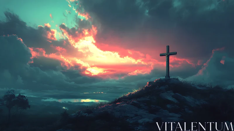 Solitary hillside cross under vivid storm-lit sunset sky.