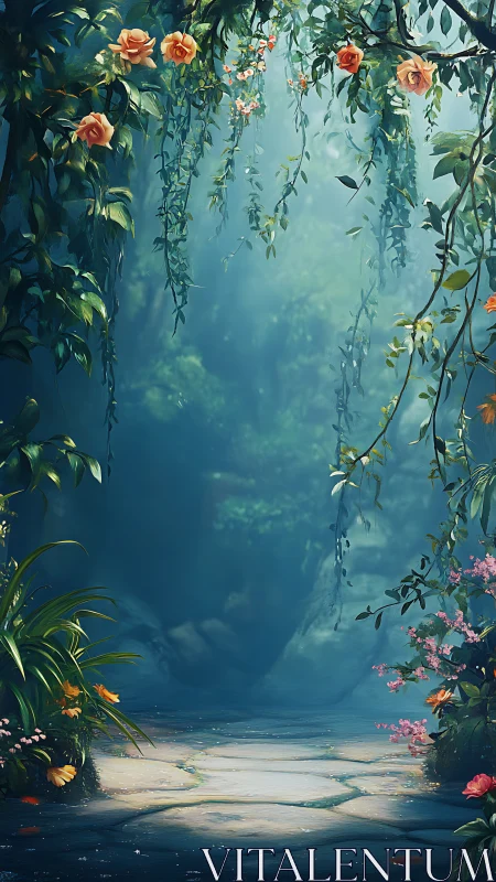 Floral forest arch framing a misty stone pathway scene.