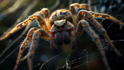 Macro-lit spider on web shows detailed setae, eyes and joints