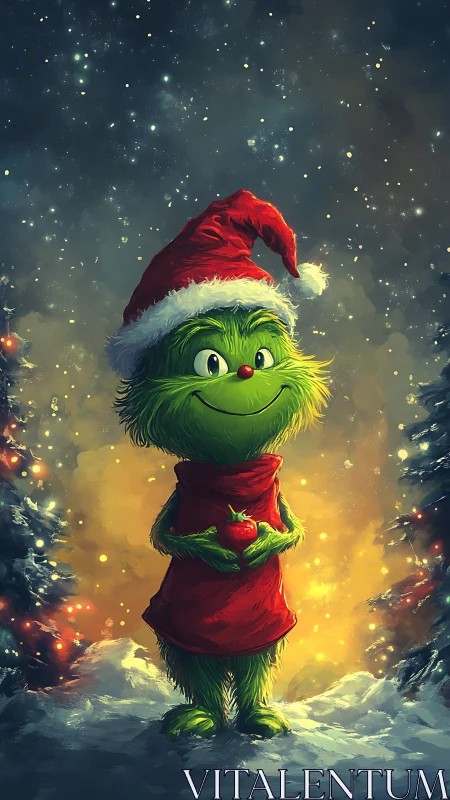 Green Christmas creature in red Santa outfit holding ornament