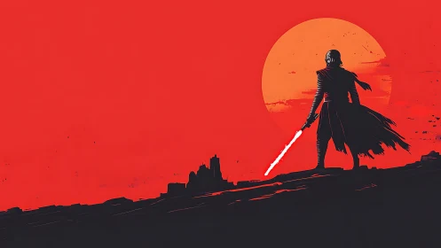 Dark warrior silhouette dominates red sun battlefield