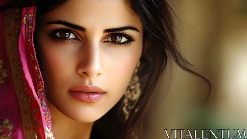 Velvet-gaze portrait framed in rose silk and quiet fire.