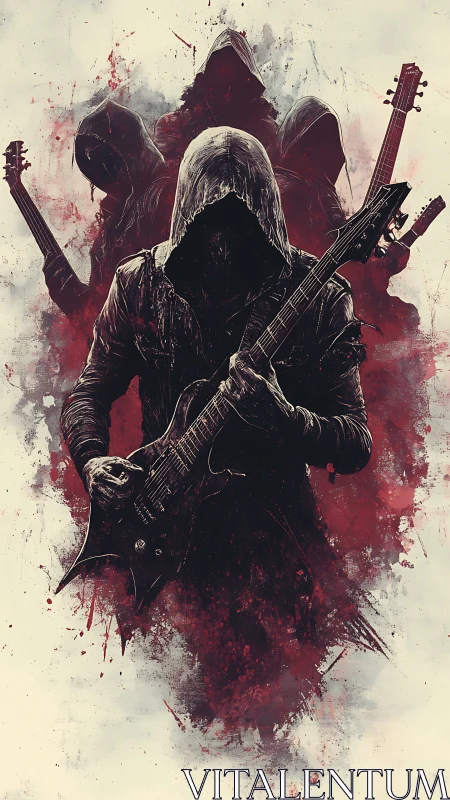 Hooded metal guitarist with shadowed band in red haze.