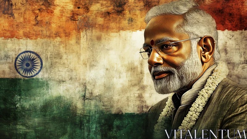 Digital portrait of Indian leader before national flag.