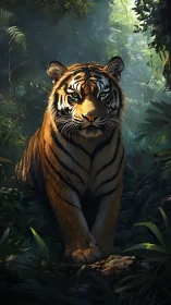 Jungle monarch tiger poised in emerald shadowlight hush.