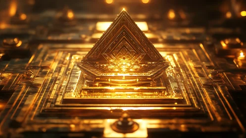 Geometric golden pyramid structure rests on layered circuitry