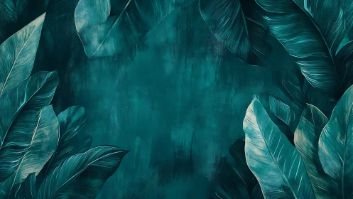 Verdant teal banana leaves frame a textured abstract void