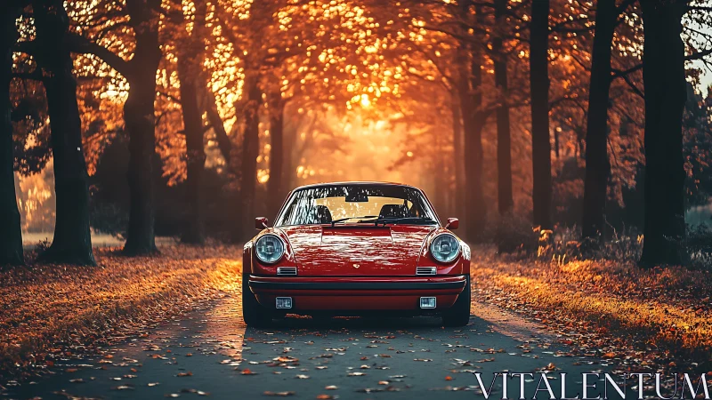 Red classic sports car on forest road at autumn sunset.