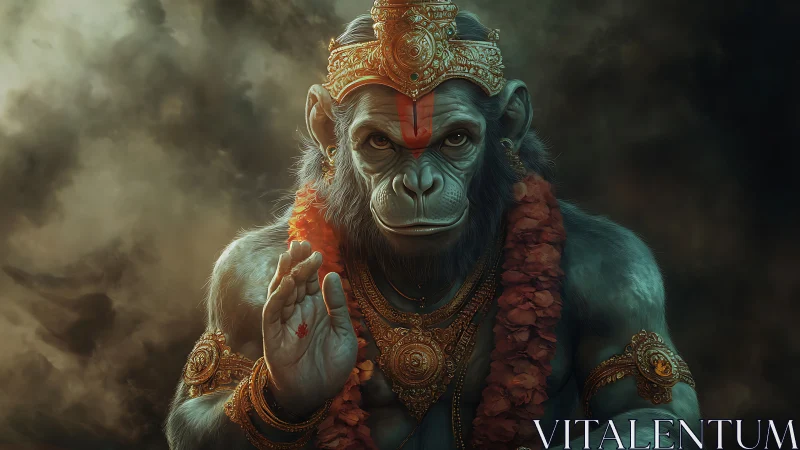 Divine simian deity raises a blessing hand in misty gloom.