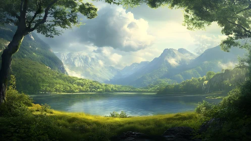 Sunlit alpine lake framed by towering emerald mountains.