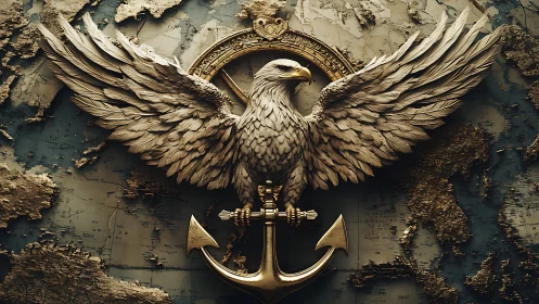 Ornate maritime eagle emblem over textured world map relief.