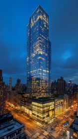 Glass skyscraper over city streets at blue hour in dusk.