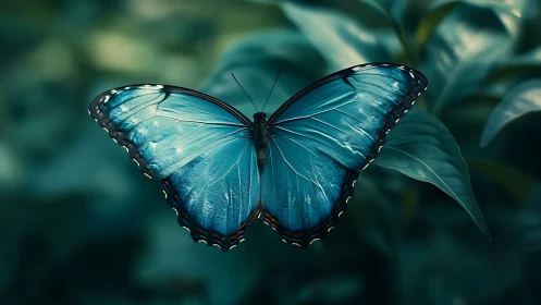 Blue butterfly rests with wings fully extended on foliage