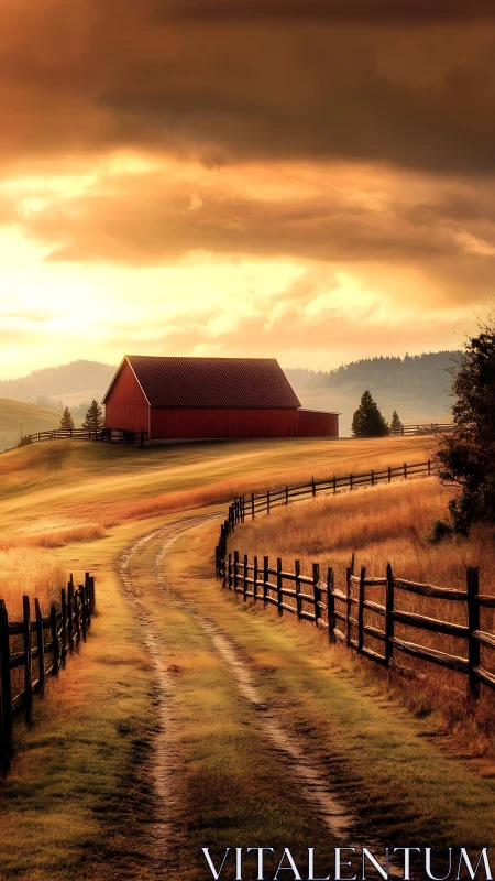 Country dirt road leading to red barn at golden sunset.