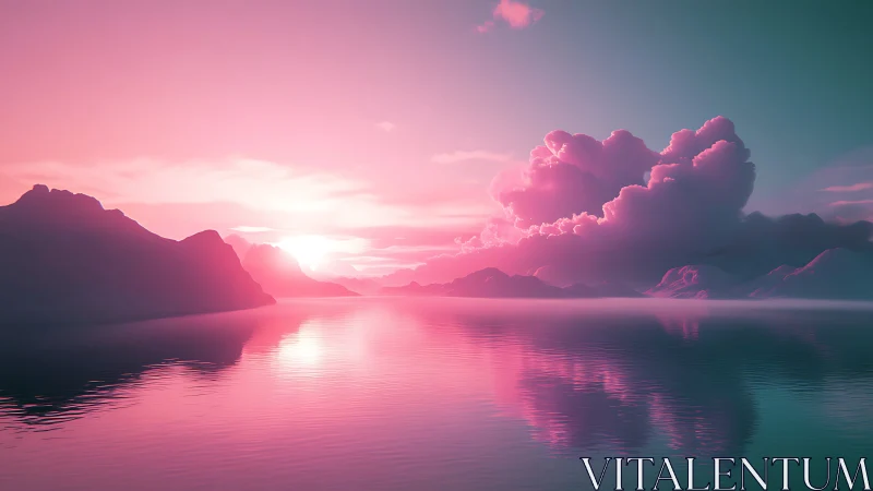 Cotton-candy sunset clouds drifting above neon glass sea.