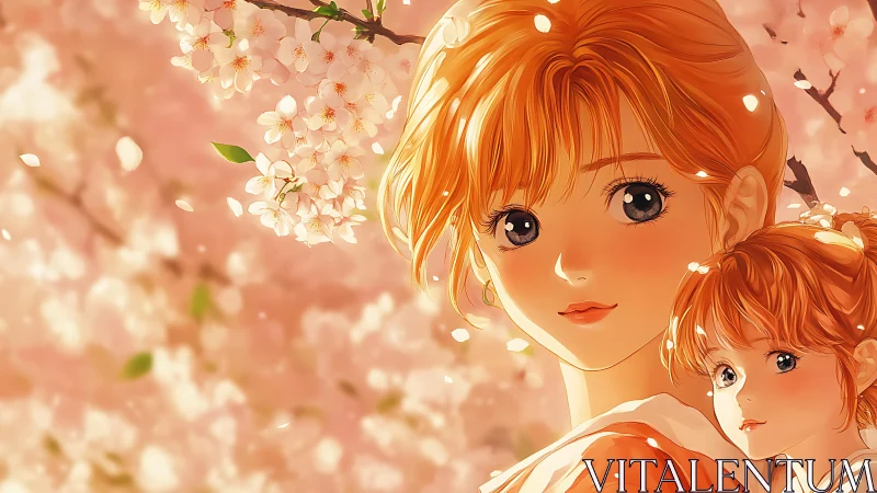 Warm spring sunlight embraces anime mother and child