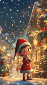 Tiny Christmas elf under glowing festive street lights.