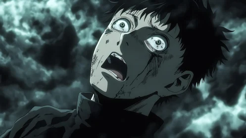 Anime character close-up against turbulent cloudy sky.