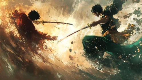 Dueling stormblades carve light through a painted maelstrom.