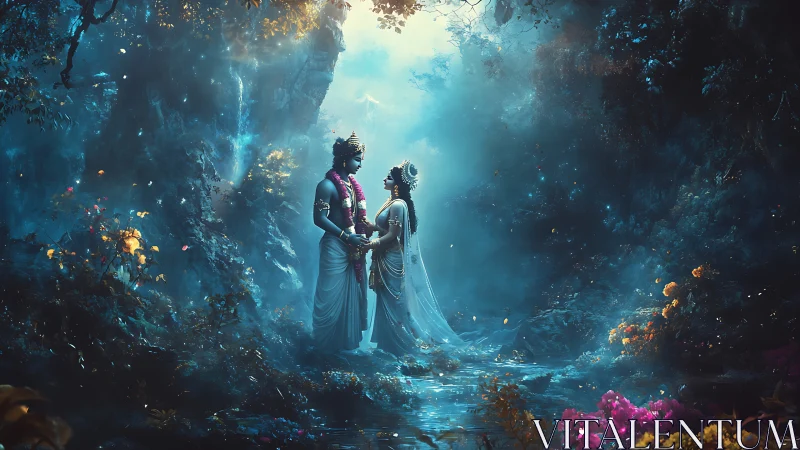 Moonlit divine lovers in a shimmering enchanted forest reverie.