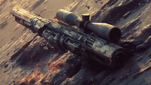 Futuristic rail cannon resting in scorched alien terrain.