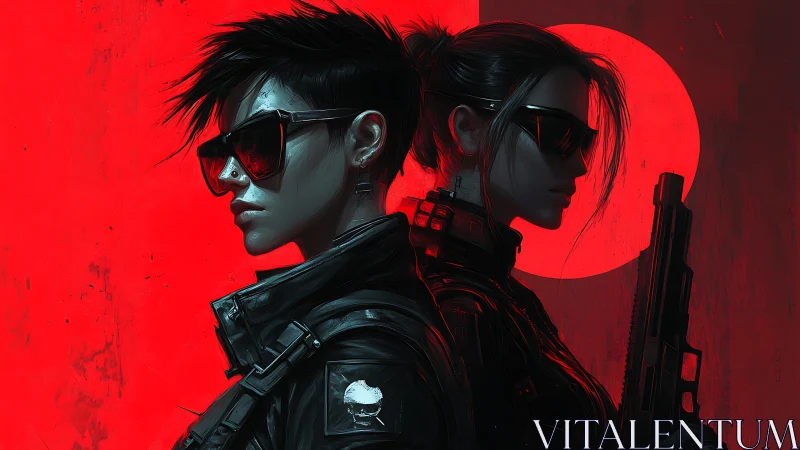Cyberpunk operatives stand back to back before red sun