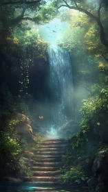 Hidden forest waterfall descends above mosslit stone steps.