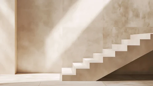 Minimalist white stairs descend through concrete interior space